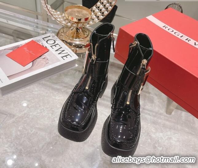 Top Quality Roger Vivier Patent Leather Platform Ankle Boots Black/Silver 111876