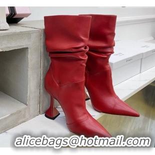 Luxury Amina Muaddi Pleated Calfskin Short Boots 9.5cm Red 111204