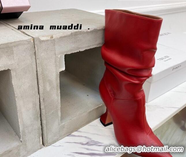 Luxury Amina Muaddi Pleated Calfskin Short Boots 9.5cm Red 111204