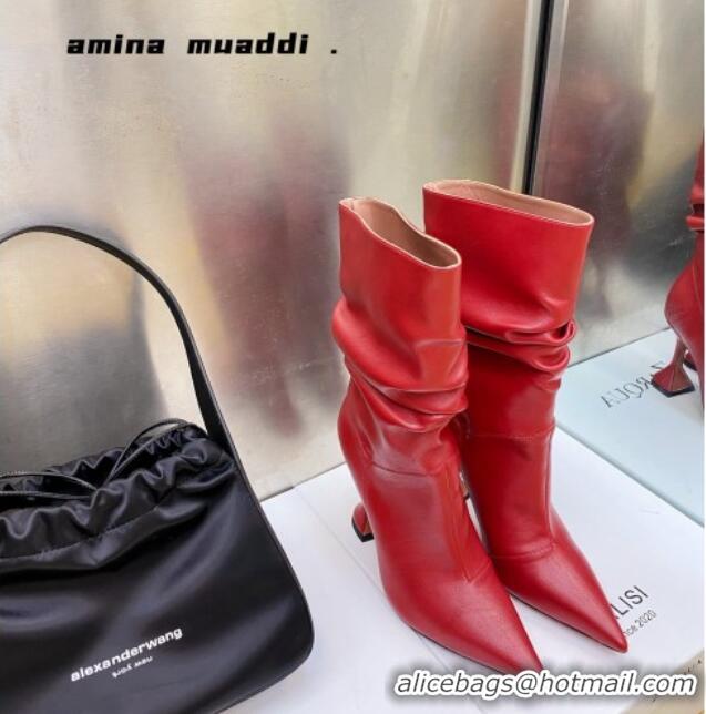 Luxury Amina Muaddi Pleated Calfskin Short Boots 9.5cm Red 111204