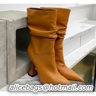 Best Quality Amina Muaddi Pleated Calfskin Short Boots 9.5cm 111204 Brown