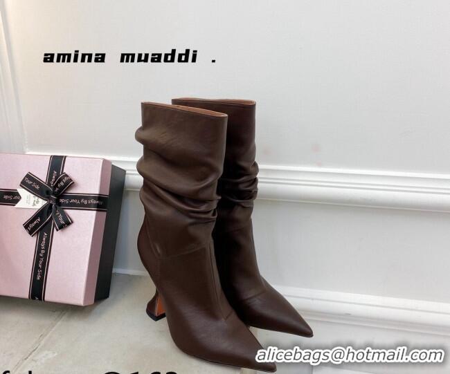 Good Looking Amina Muaddi Pleated Calfskin Short Boots 9.5cm 111208 Brown