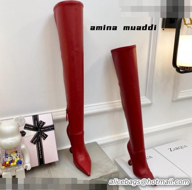 Unique Style Amina Muaddi Calfskin Over-Knee High Boots 9.5cm Red 111209