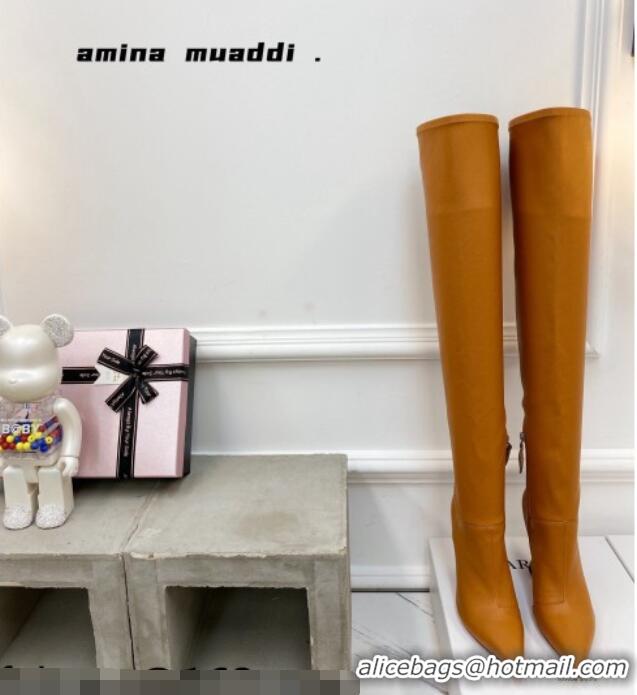 Best Product Amina Muaddi Calfskin Over-Knee High Boots 9.5cm Tan Brown 111210