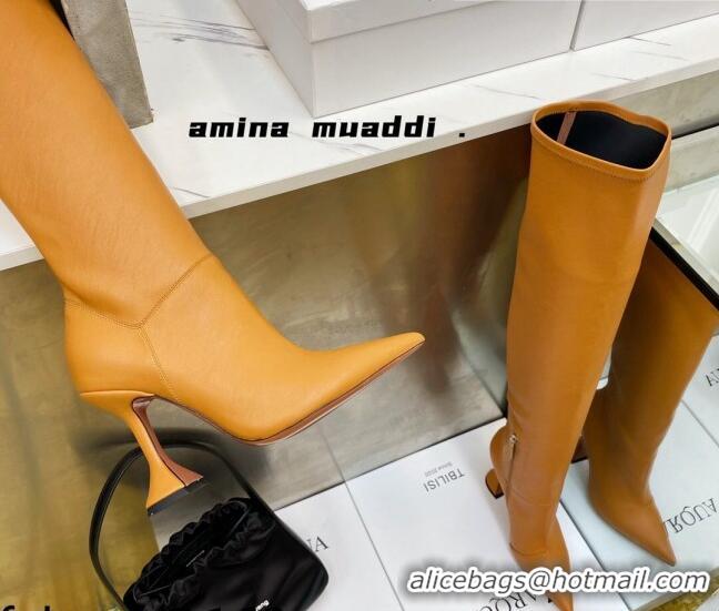 Best Product Amina Muaddi Calfskin Over-Knee High Boots 9.5cm Tan Brown 111210