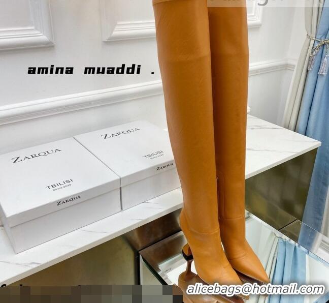 Best Product Amina Muaddi Calfskin Over-Knee High Boots 9.5cm Tan Brown 111210