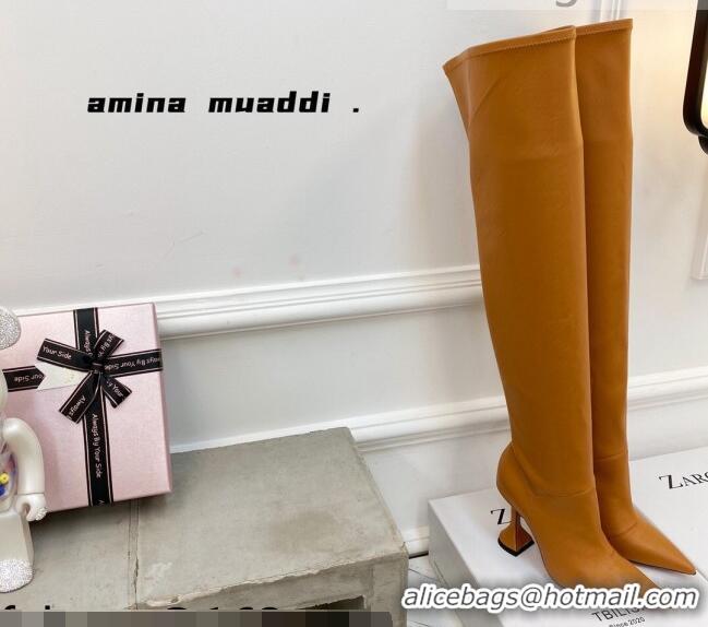 Best Product Amina Muaddi Calfskin Over-Knee High Boots 9.5cm Tan Brown 111210