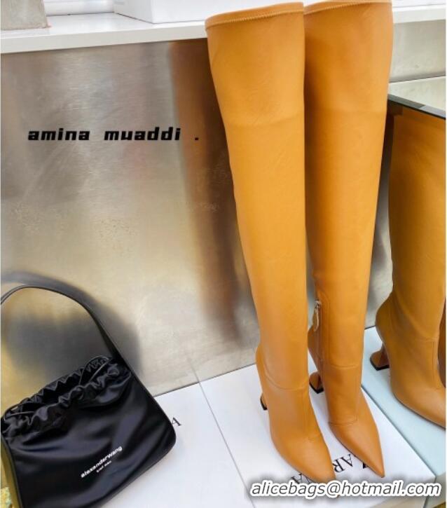 Best Product Amina Muaddi Calfskin Over-Knee High Boots 9.5cm Tan Brown 111210