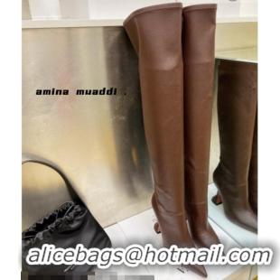 Luxurious Amina Muaddi Calfskin Over-Knee High Boots 9.5cm Brown 111211