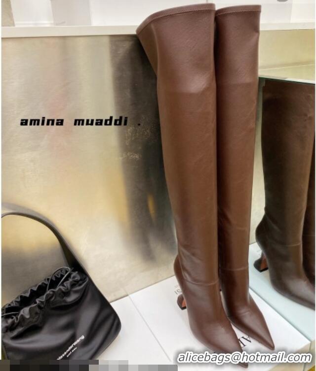 Luxurious Amina Muaddi Calfskin Over-Knee High Boots 9.5cm Brown 111211