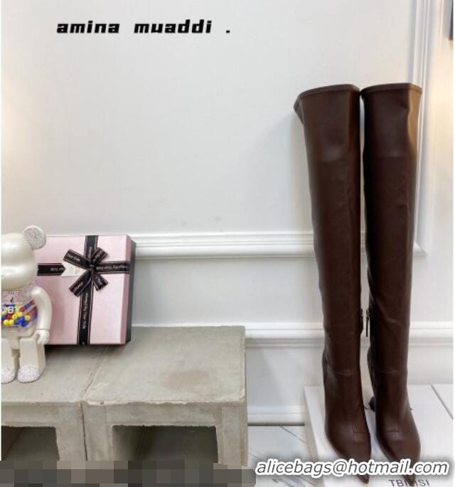 Luxurious Amina Muaddi Calfskin Over-Knee High Boots 9.5cm Brown 111211