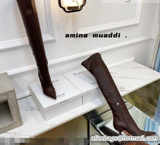 Luxurious Amina Muaddi Calfskin Over-Knee High Boots 9.5cm Brown 111211