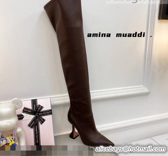 Luxurious Amina Muaddi Calfskin Over-Knee High Boots 9.5cm Brown 111211