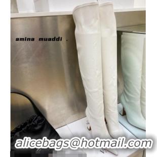 Charming Amina Muaddi Calfskin Over-Knee High Boots 9.5cm White 111212