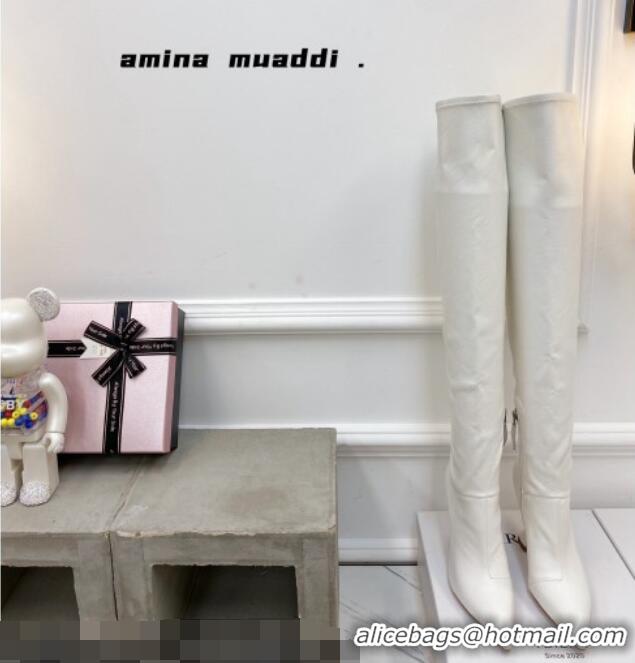 Charming Amina Muaddi Calfskin Over-Knee High Boots 9.5cm White 111212