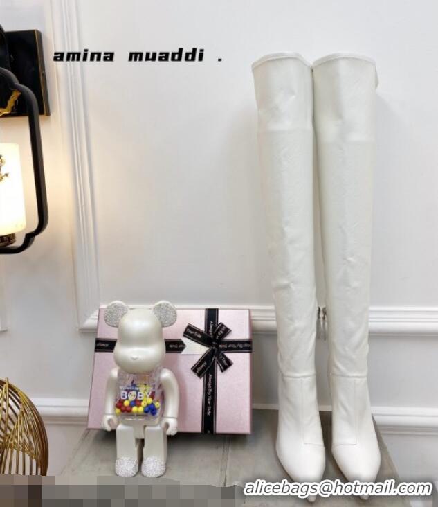 Charming Amina Muaddi Calfskin Over-Knee High Boots 9.5cm White 111212