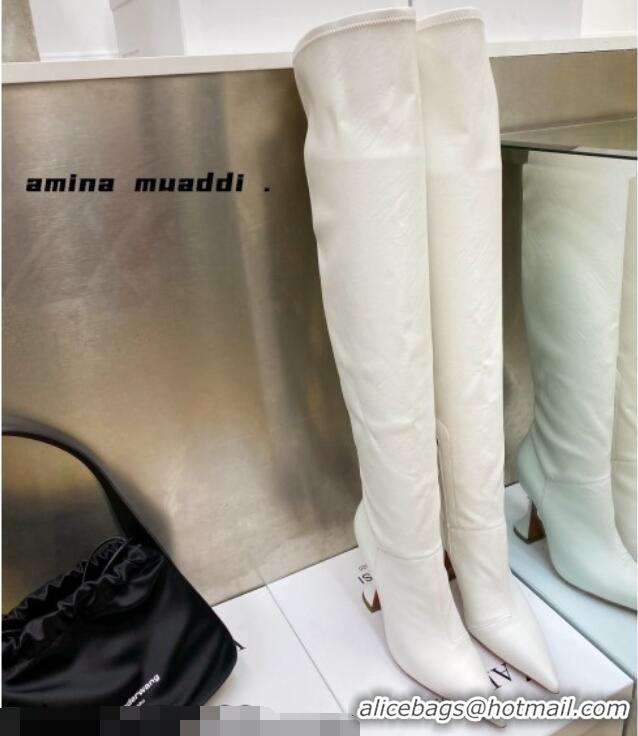 Charming Amina Muaddi Calfskin Over-Knee High Boots 9.5cm White 111212