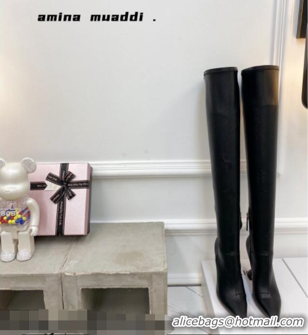 Top Quality Amina Muaddi Calfskin Over-Knee High Boots 9.5cm Black 111213