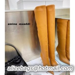 Purchase Amina Muaddi Calfskin Over-Knee High Boots 9.5cm Tan Brown 111214