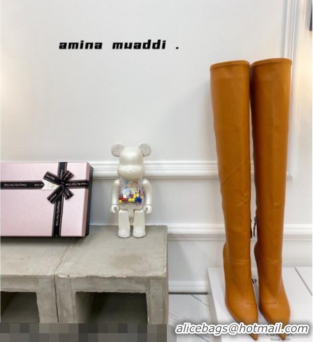 Purchase Amina Muaddi Calfskin Over-Knee High Boots 9.5cm Tan Brown 111214