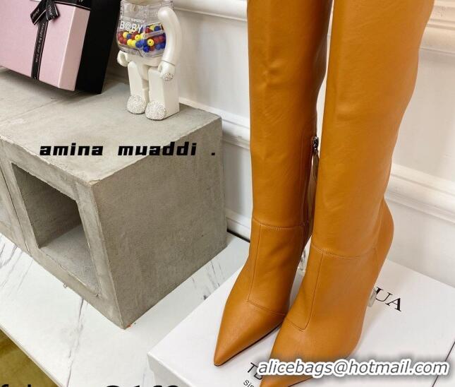 Purchase Amina Muaddi Calfskin Over-Knee High Boots 9.5cm Tan Brown 111214