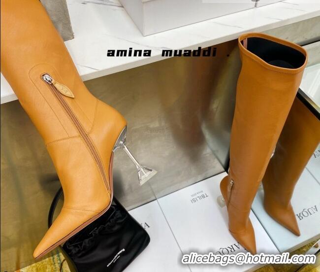 Purchase Amina Muaddi Calfskin Over-Knee High Boots 9.5cm Tan Brown 111214