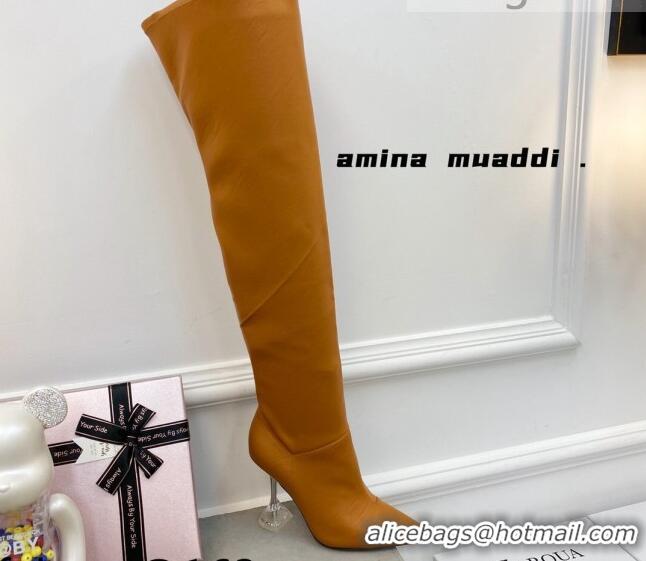 Purchase Amina Muaddi Calfskin Over-Knee High Boots 9.5cm Tan Brown 111214