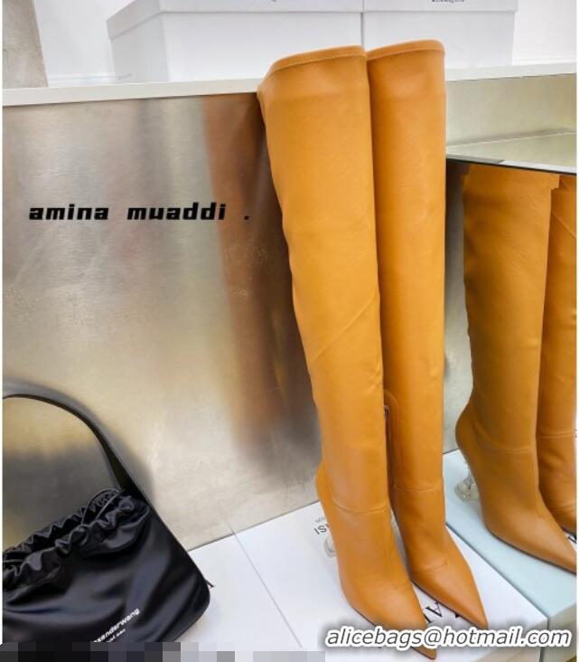 Purchase Amina Muaddi Calfskin Over-Knee High Boots 9.5cm Tan Brown 111214