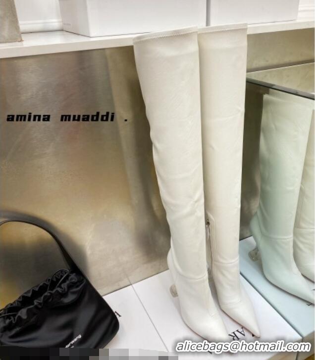 Low Price Amina Muaddi Calfskin Over-Knee High Boots 9.5cm White 111215