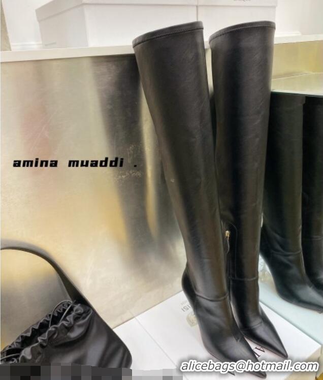 Best Grade Amina Muaddi Calfskin Over-Knee High Boots 9.5cm Black 111218