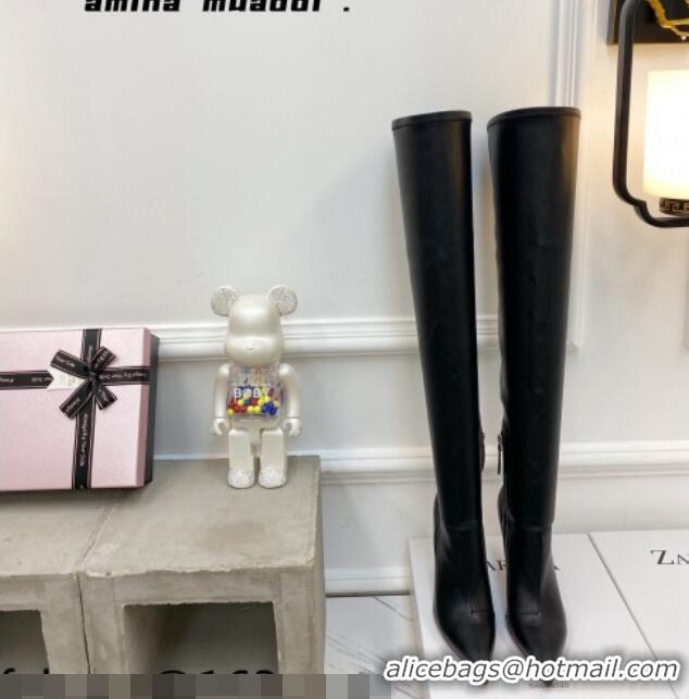 Best Grade Amina Muaddi Calfskin Over-Knee High Boots 9.5cm Black 111218