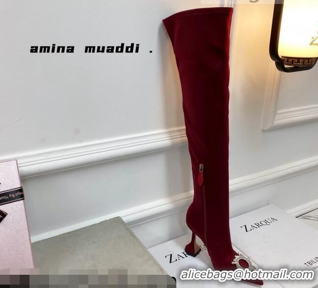 Lower Price Amina Muaddi Lycra Over-Knee High Boots 9.5cm with Crystal Charm Red 111219