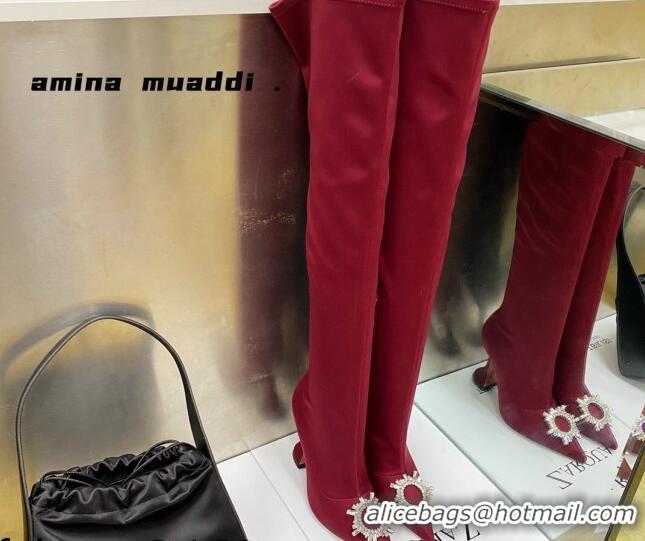 Lower Price Amina Muaddi Lycra Over-Knee High Boots 9.5cm with Crystal Charm Red 111219