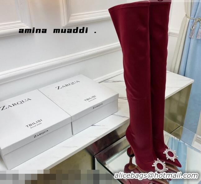 Lower Price Amina Muaddi Lycra Over-Knee High Boots 9.5cm with Crystal Charm Red 111219