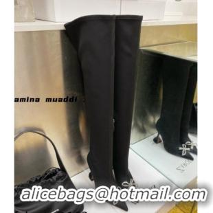 Sumptuous Amina Muaddi Lycra Over-Knee High Boots 9.5cm with Crystal Bow Black 111220