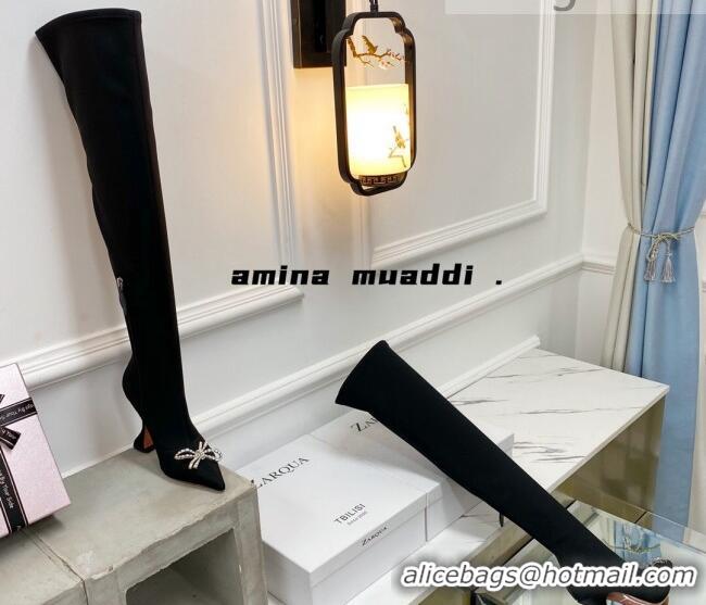 Sumptuous Amina Muaddi Lycra Over-Knee High Boots 9.5cm with Crystal Bow Black 111220