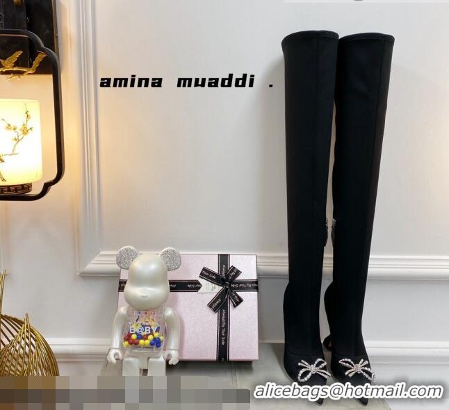 Sumptuous Amina Muaddi Lycra Over-Knee High Boots 9.5cm with Crystal Bow Black 111220