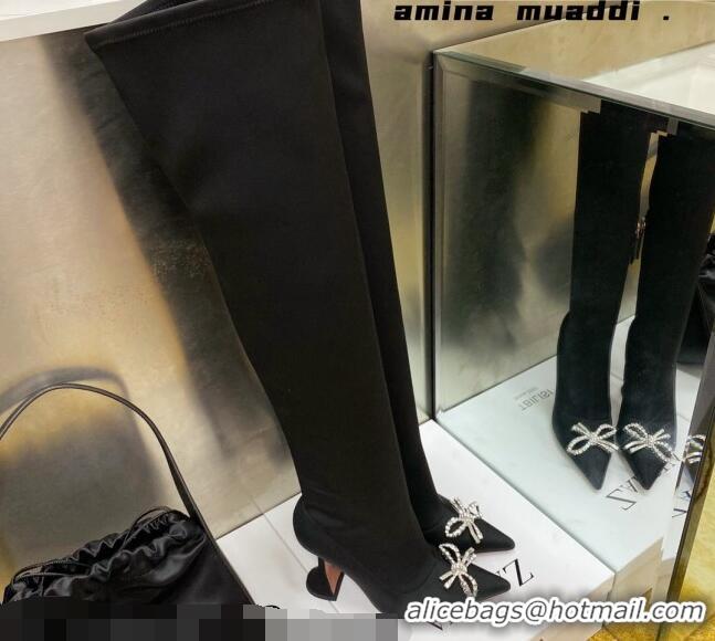 Sumptuous Amina Muaddi Lycra Over-Knee High Boots 9.5cm with Crystal Bow Black 111220