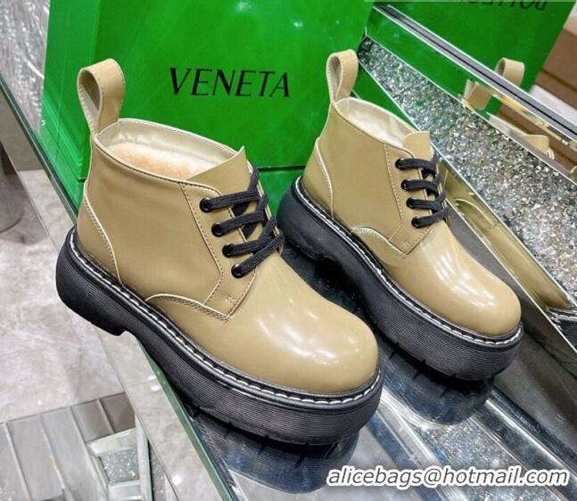 Best Price Bottega Veneta Shiny Leather & Wool Short Boots 111312 Khaki