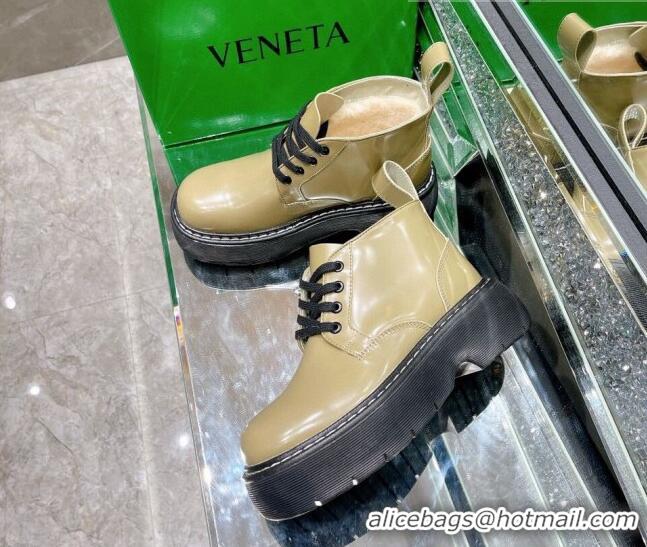 Best Price Bottega Veneta Shiny Leather & Wool Short Boots 111312 Khaki