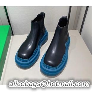 Cute Bottega Veneta Tire Calfskin Short Chelsea Boots Black/Blue 112040