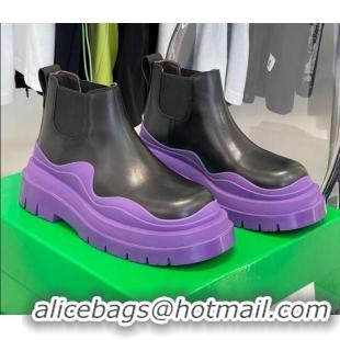 New Design Bottega Veneta Tire Calfskin Short Chelsea Boots Black/ Lavender Purple 112045