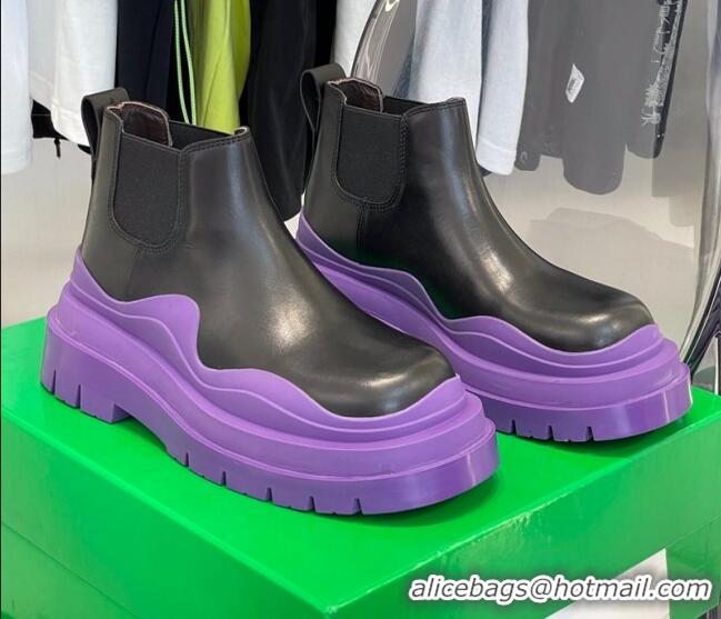 New Design Bottega Veneta Tire Calfskin Short Chelsea Boots Black/ Lavender Purple 112045