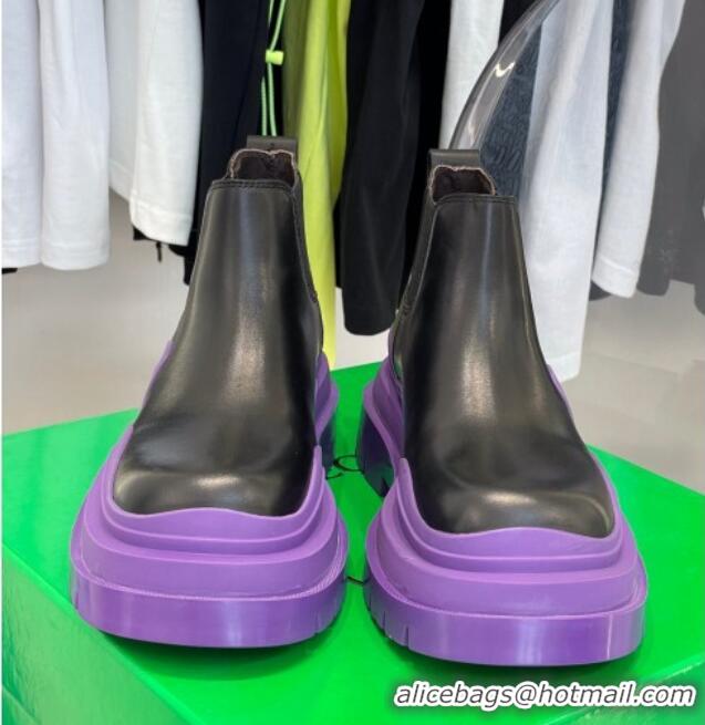 New Design Bottega Veneta Tire Calfskin Short Chelsea Boots Black/ Lavender Purple 112045