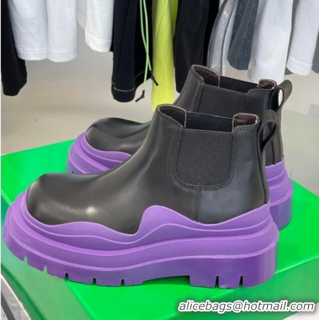 New Design Bottega Veneta Tire Calfskin Short Chelsea Boots Black/ Lavender Purple 112045