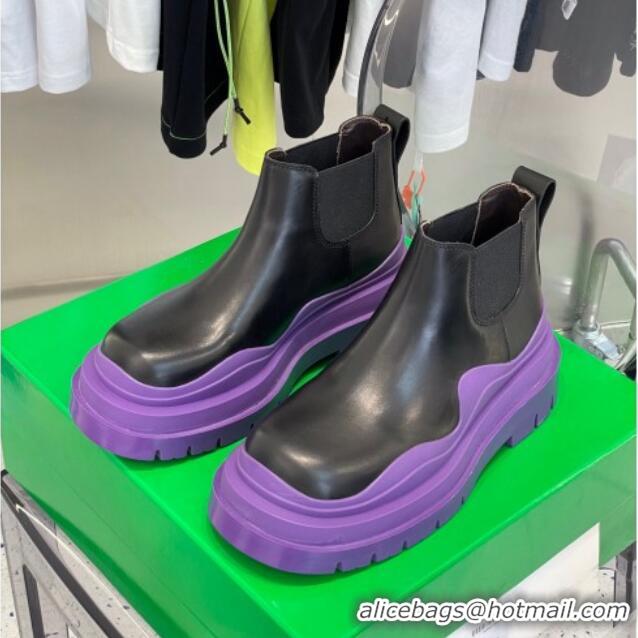 New Design Bottega Veneta Tire Calfskin Short Chelsea Boots Black/ Lavender Purple 112045