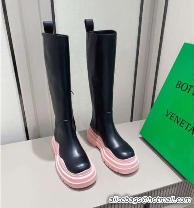 Popular Bottega Veneta Tire Calf Leather High Boots 112201 Black/Pink