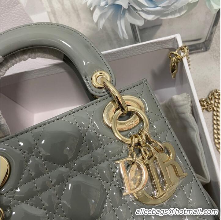 Inexpensive MINI LADY DIOR BAG Patent Cannage Calfskin M0566OW gray&gold