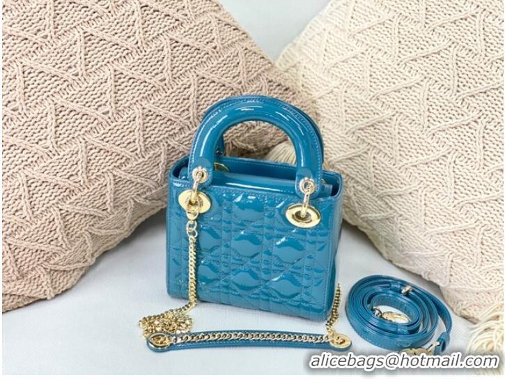 Inexpensive MINI LADY DIOR BAG Patent Cannage Calfskin M0566OW sky Blue&gold