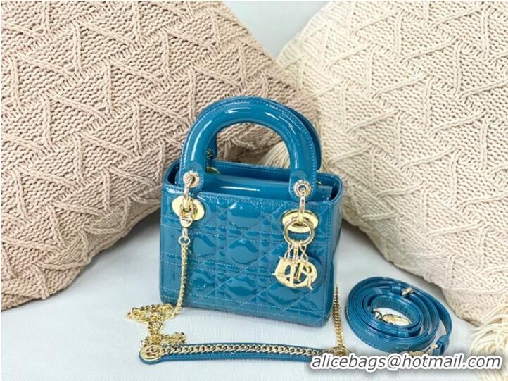 Inexpensive MINI LADY DIOR BAG Patent Cannage Calfskin M0566OW sky Blue&gold